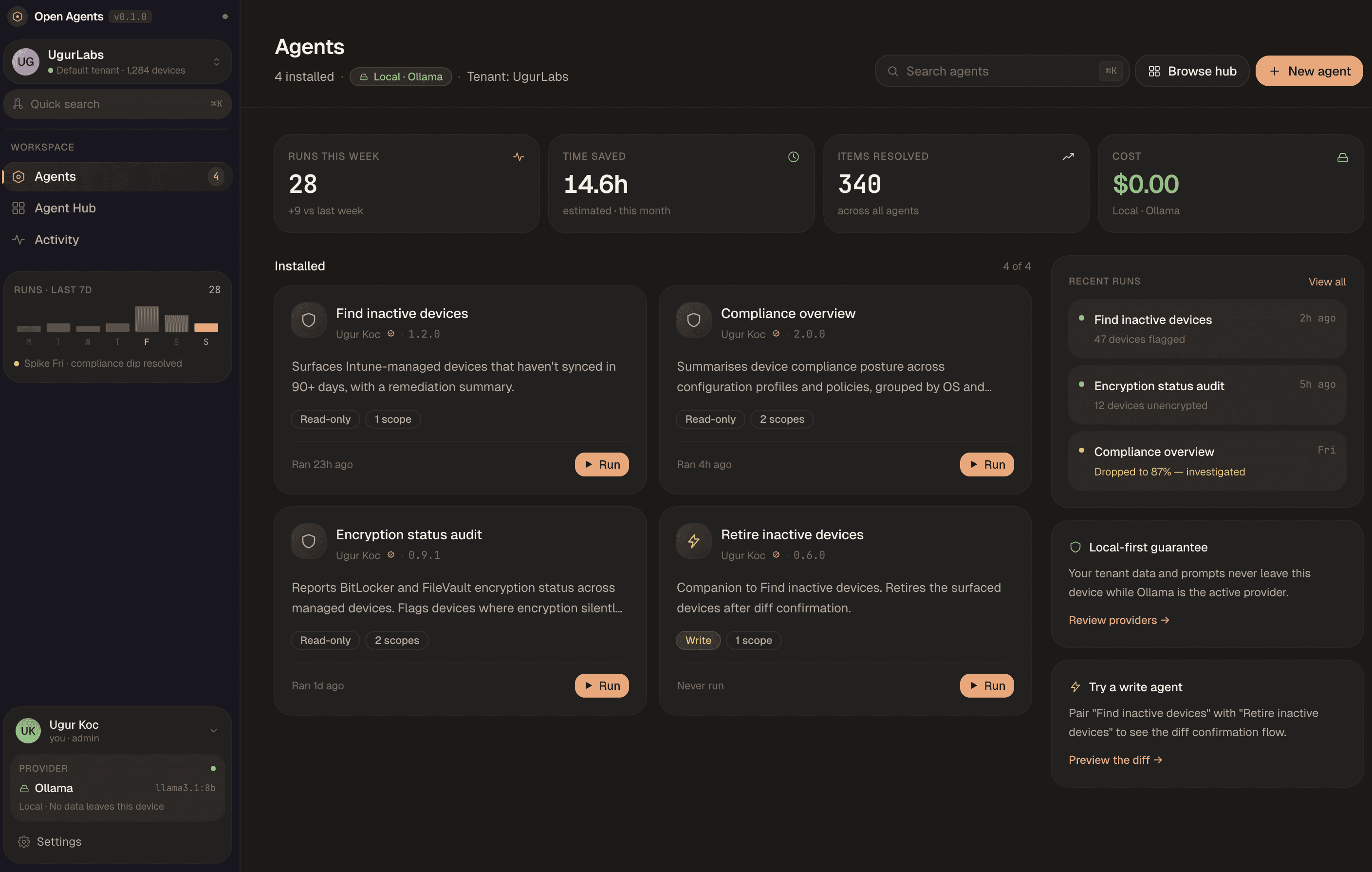 OpenAgents app showing agent runs across Intune-managed devices